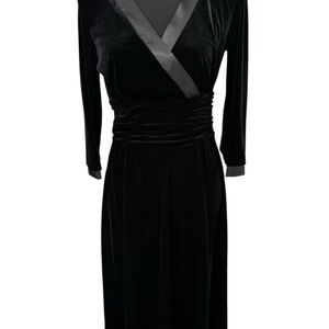 Sandra Darren Black Long Sleeve Velvet Dress Satin Trim Ruched Waist Womens 10